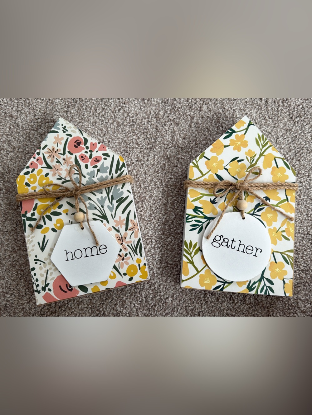 Yellow Floral 'gather' and 'home' Decorative Wood Tags - Set of 2